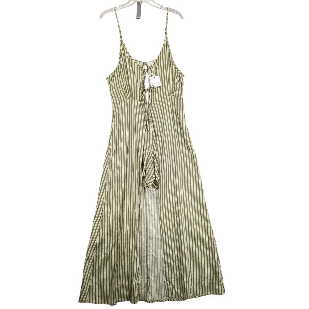 NWT Poof NY Green Striped Cami Open Maxi Dress w/ Romper Shorts, L Boho Country‎